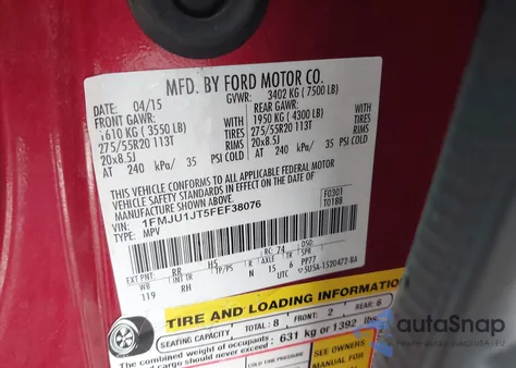 2015 Ford Expedition King Ranch из США, поврежденный, VIN 1FMJU1JT5FEF38076